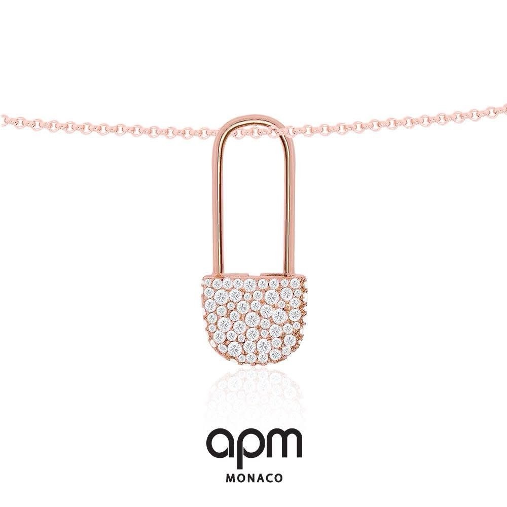 APM Monaco Crystal Safety Pin Pendant Necklace Baby XL Rose Gold Plated 925